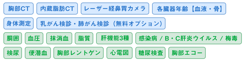 胸部CT,内蔵脂肪CT,レーザー経鼻胃カメラ,各臓器年齢【血液・骨】,身体測定,乳がん検診・肺がん検診（無料オプション）,胴囲,血圧,抹消血,脂質,肝機能3種,感染病 / B・C肝炎ウイルス / 梅毒,検尿,便潜血,胸部レントゲン,心電図,糖尿検査,胸部エコー